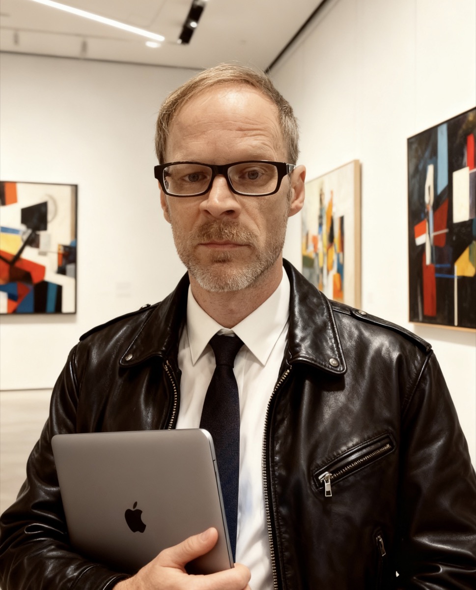 Shane Spillman, software developer, holding a MacBook in an art gallery