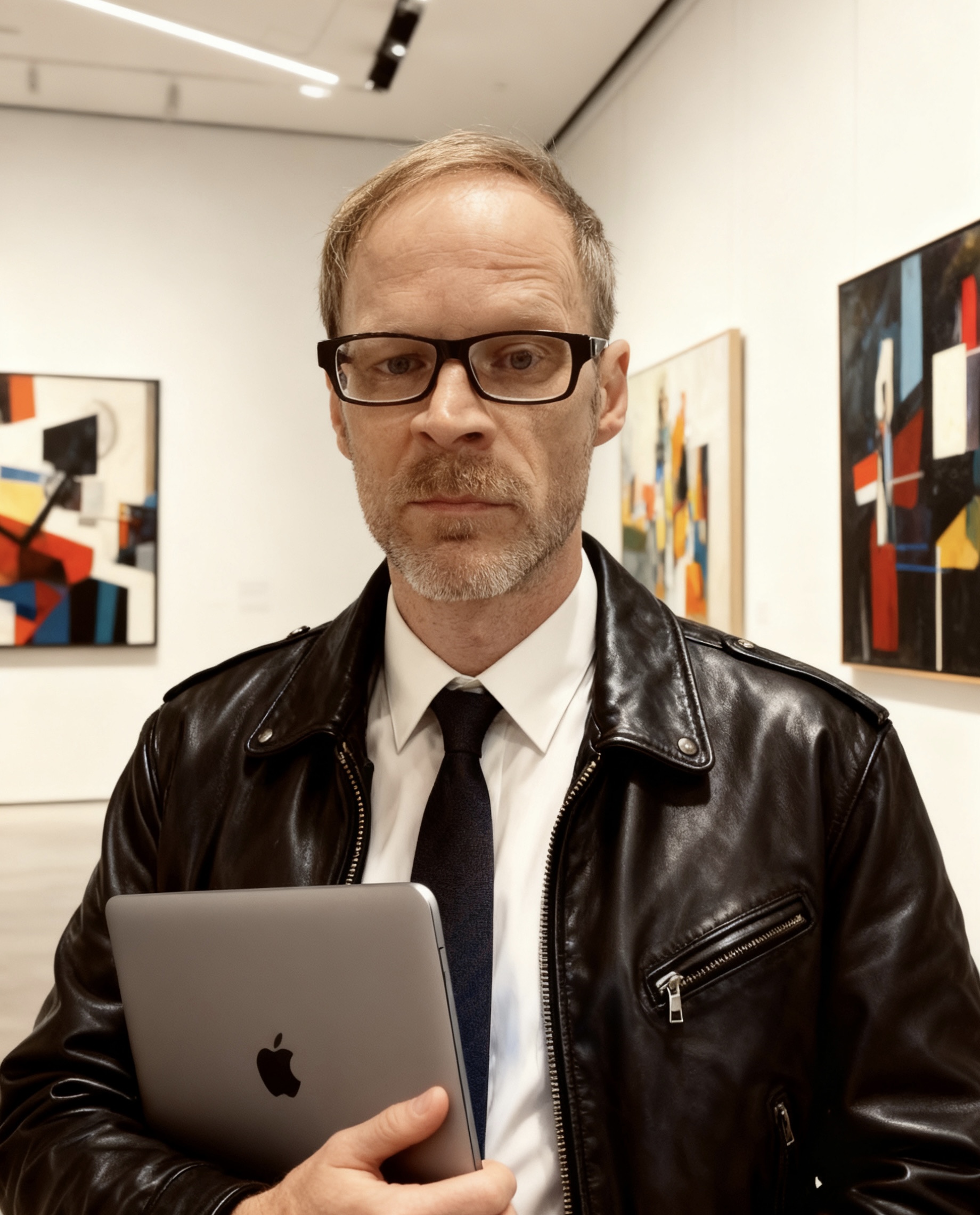 Shane Spillman, software developer, holding a MacBook in an art gallery