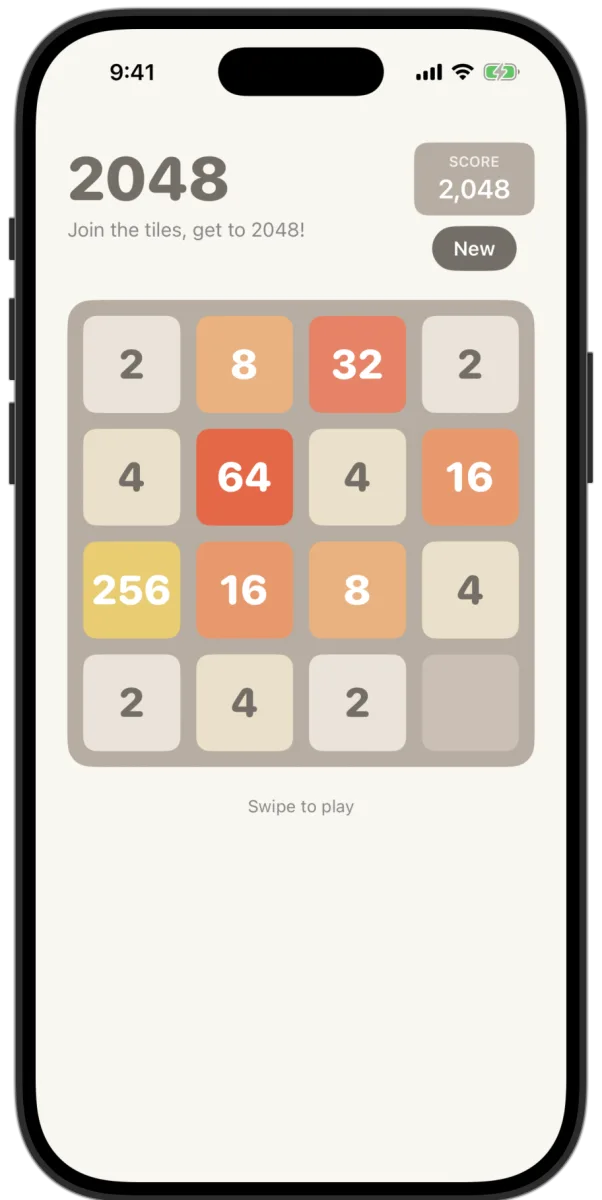 2048 puzzle game concept with a warm tile grid and score display