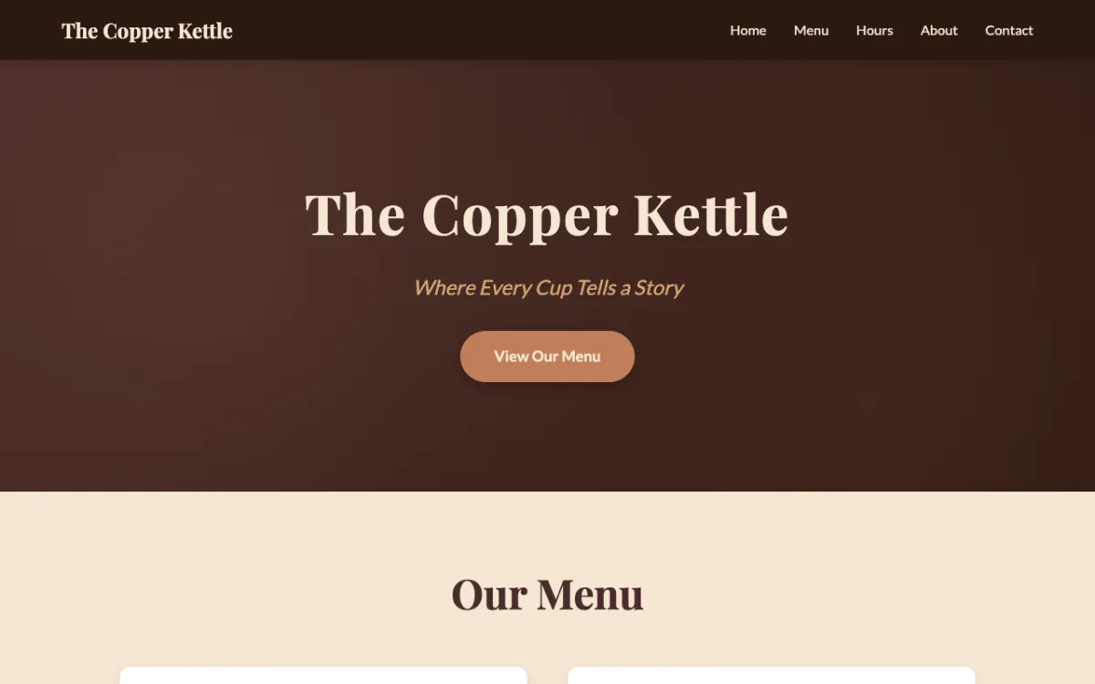 The Copper Kettle coffee shop website