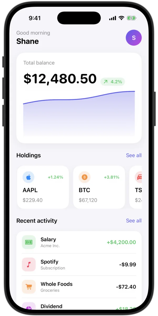 Finance dashboard concept showing total balance, holdings, and recent activity