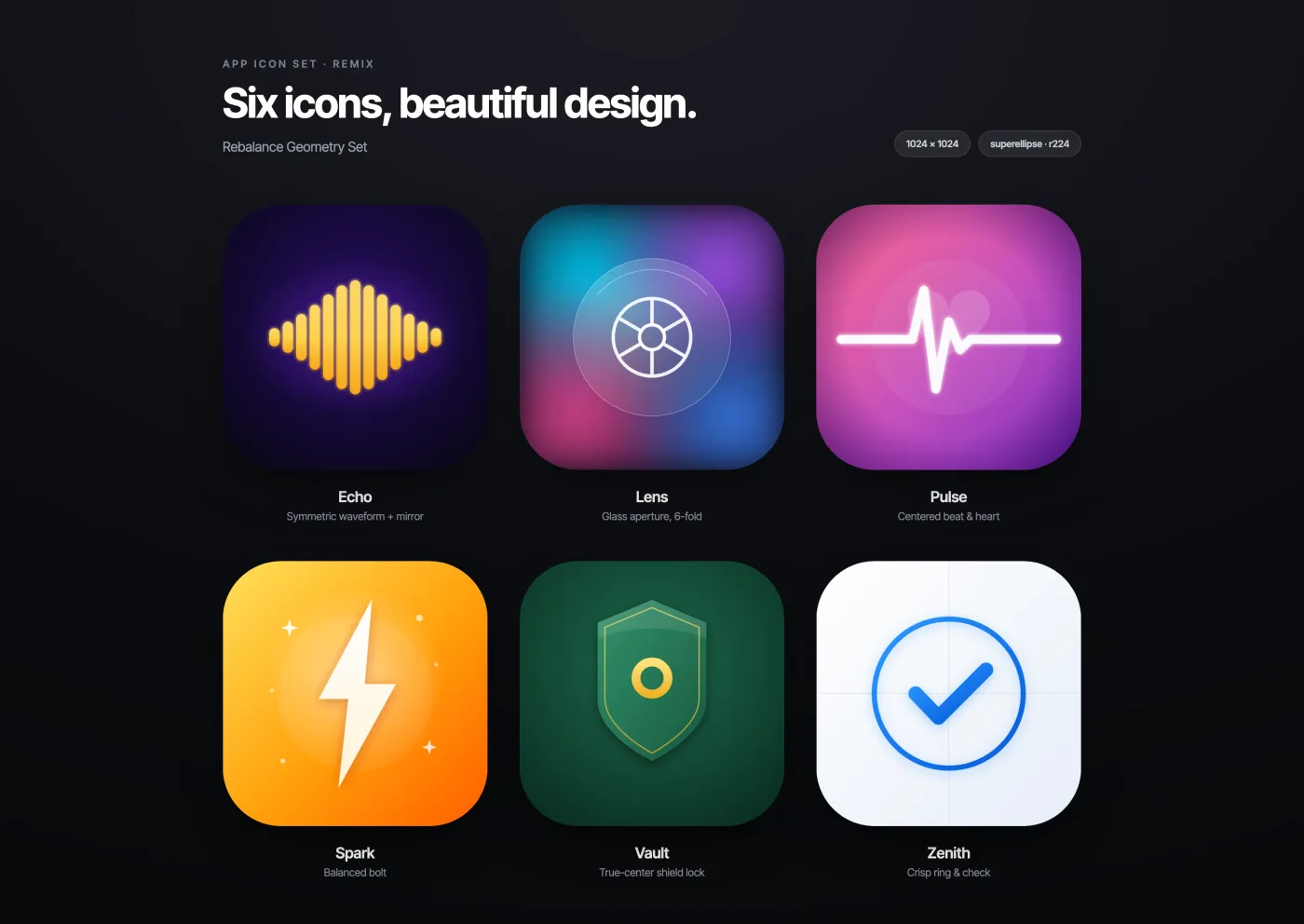 Six app icons: Echo, Lens, Pulse, Spark, Vault, and Zenith
