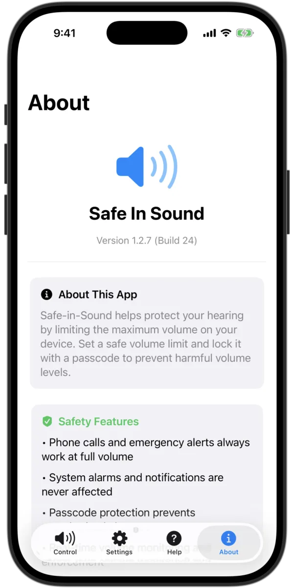 Safe In Sound about screen with app version and safety features