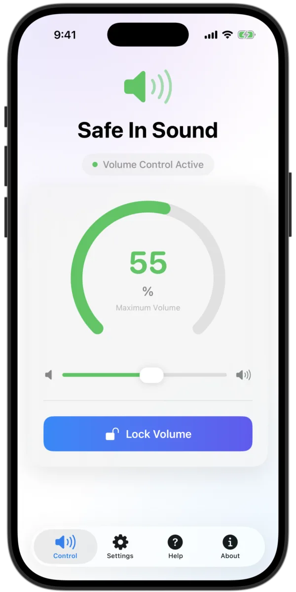 Safe In Sound main control screen showing a locked maximum volume dial