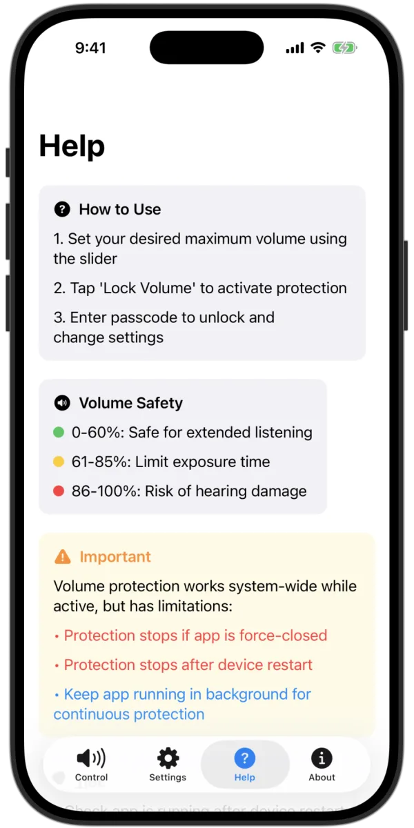 Safe In Sound help screen explaining volume safety ranges