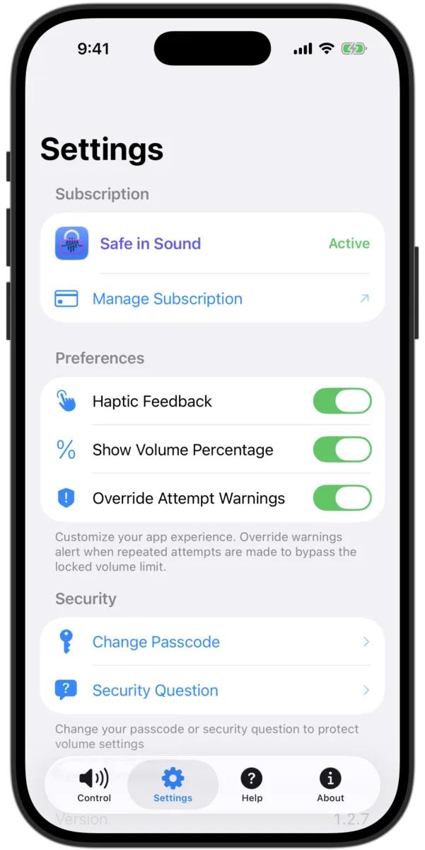 Safe In Sound settings screen with preferences and security options