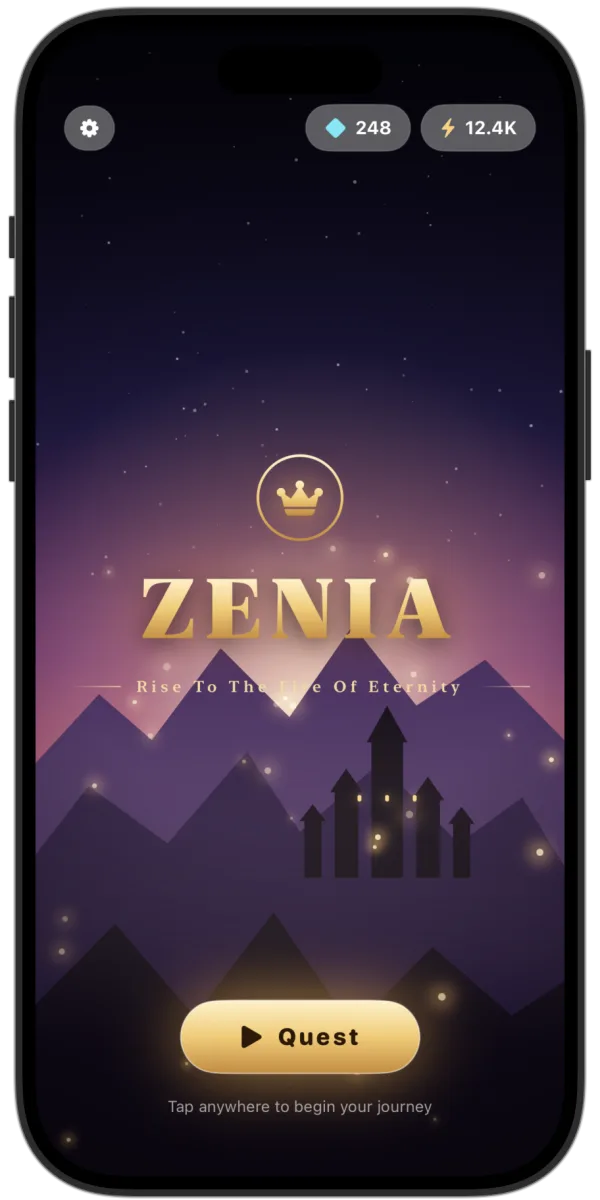 Zenia game title screen with a glowing crown and mountain landscape